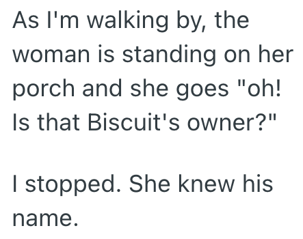 As I'm walking by, the woman is standing on her porch and she goes "oh! Is that Biscuit's owner?" I stopped. She knew his name.