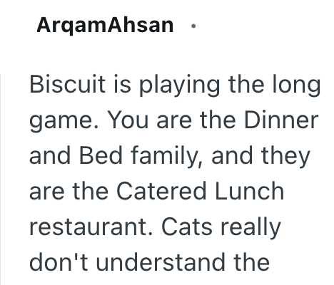 ArqamAhsan Biscuit is playing the long game. You are the Dinner and Bed family, and they are the Catered Lunch restaurant. Cats really don't understand the