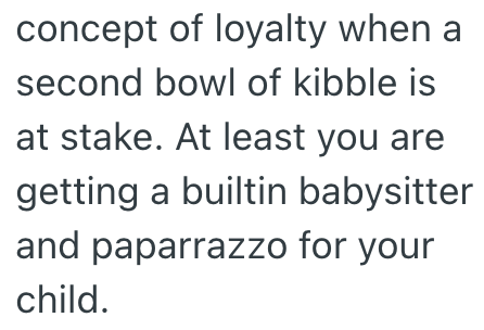 concept of loyalty when a second bowl of kibble is at stake. At least you are getting a builtin babysitter and paparrazzo for your child.