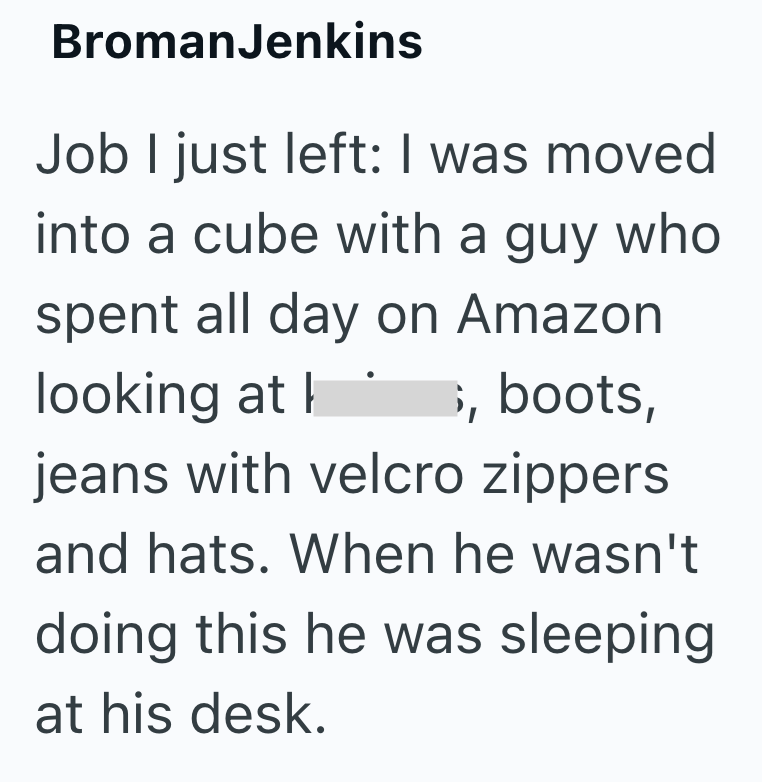 BromanJenkins Job I just left: I was moved into a cube with a guy who spent all day on Amazon looking at, boots, jeans with velcro zippers and hats. When he wasn't doing this he was sleeping at his desk.
