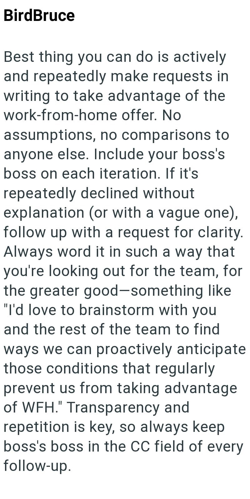 BirdBruce Best thing you can do is actively and repeatedly make requests in writing to take advantage of the work-from-home offer. No assumptions, no comparisons to anyone else. Include your boss's boss on each iteration. If it's repeatedly declined without explanation (or with a vague one), follow up with a request for clarity. Always word it in such a way that you're looking out for the team, for the greater good-something like "I'd love to brainstorm with you and the rest of the team to find