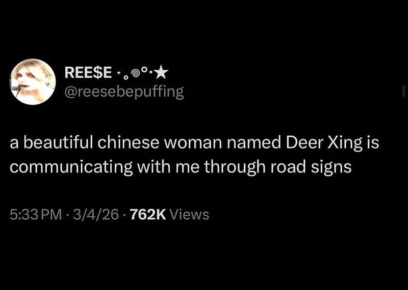 REESE...⭑ @reesebepuffing a beautiful chinese woman named Deer Xing is communicating with me through road signs 5:33 PM 3/4/26 762K Views