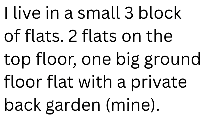 I live in a small 3 block of flats. 2 flats on the top floor, one big ground floor flat with a private back garden (mine).