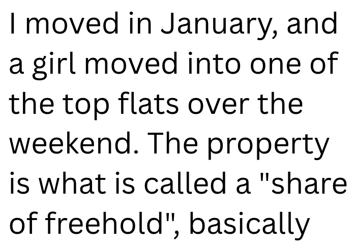 I moved in January, and a girl moved into one of the top flats over the weekend. The property is what is called a "share of freehold", basically