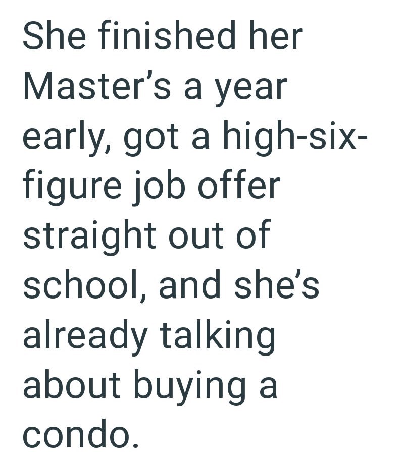 She finished her Master's a year early, got a high-six- figure job offer straight out of school, and she's already talking about buying a condo.