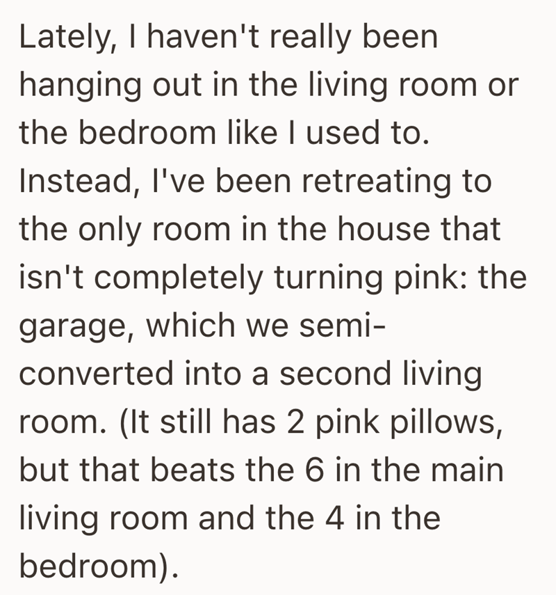 Lately, I haven't really been hanging out in the living room or the bedroom like I used to. Instead, I've been retreating to the only room in the house that isn't completely turning pink: the garage, which we semi- converted into a second living room. (It still has 2 pink pillows, but that beats the 6 in the main living room and the 4 in the bedroom).
