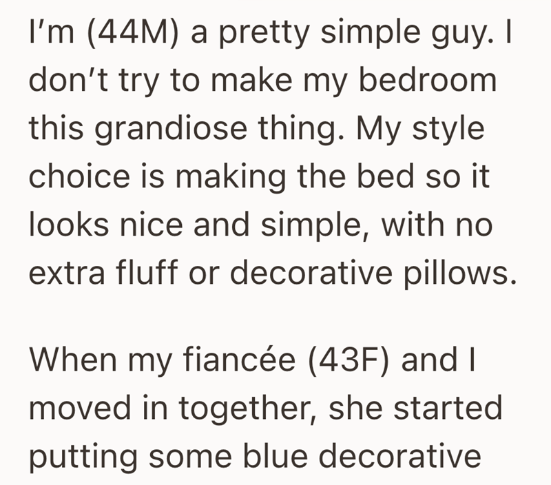 I'm (44M) a pretty simple guy. I don't try to make my bedroom this grandiose thing. My style choice is making the bed so it looks nice and simple, with no extra fluff or decorative pillows. When my fiancée (43F) and I moved in together, she started putting some blue decorative