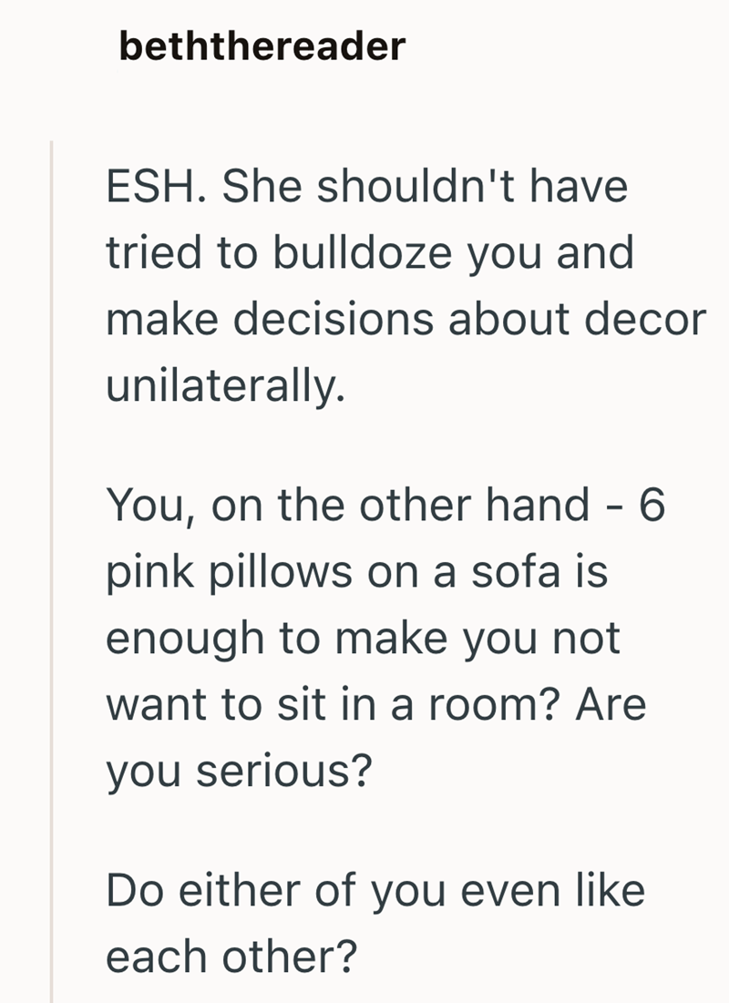 beththereader ESH. She shouldn't have tried to bulldoze you and make decisions about decor unilaterally. You, on the other hand - 6 pink pillows on a sofa is enough to make you not want to sit in a room? Are you serious? Do either of you even like each other?