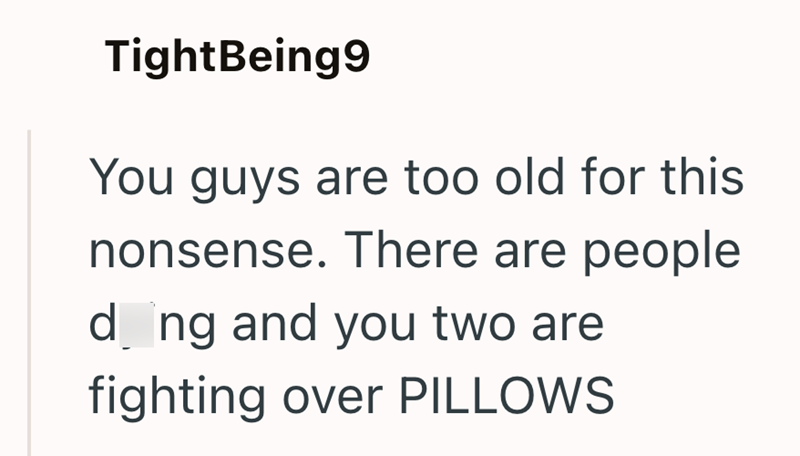 TightBeing9 You guys are too old for this nonsense. There are people d ng and you two are fighting over PILLOWS