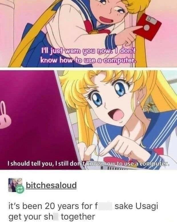 I'll just warn you now. I don't know how to use a computer. 0 I should tell you, I still don't know how to use a computer. bitchesaloud it's been 20 years for f sake Usagi get your sh together