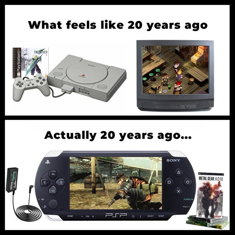 What feels like 20 years ago SONY BONY Actually 20 years ago... HOME <- VOL + PSP □ S SELECT START SONY ㅁ POWER HOLD- METAL GEAR ACID M