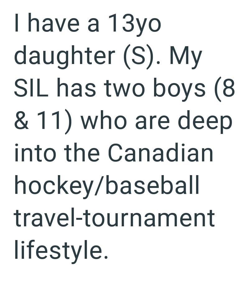 I have a 13yo daughter (S). My SIL has two boys (8 & 11) who are deep into the Canadian hockey/baseball travel-tournament lifestyle.