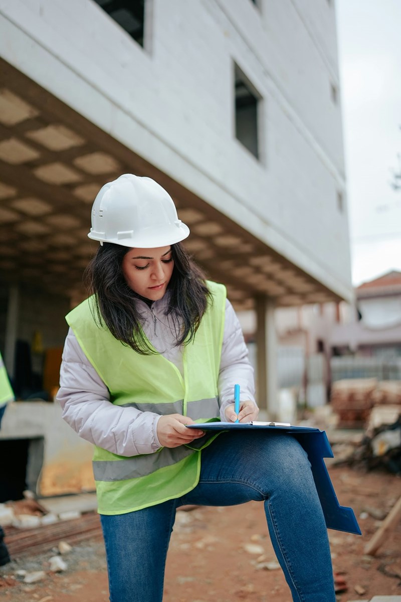 A woman in a hard hat is writing on a clipboard