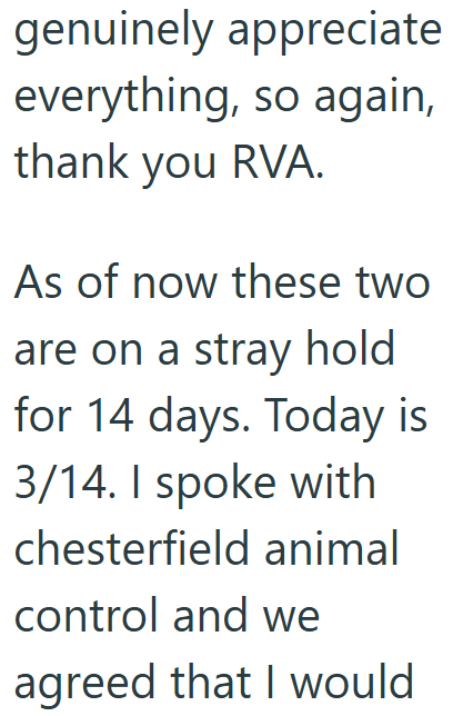 genuinely appreciate everything, so again, thank you RVA. As of now these two are on a stray hold for 14 days. Today is 3/14. I spoke with chesterfield animal control and we agreed that I would