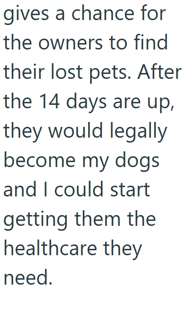 gives a chance for the owners to find their lost pets. After the 14 days are up, they would legally become my dogs and I could start getting them the healthcare they need.