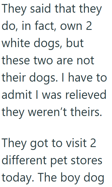 They said that they do, in fact, own 2 white dogs, but these two are not their dogs. I have to admit I was relieved they weren't theirs. They got to visit 2 different pet stores today. The boy dog