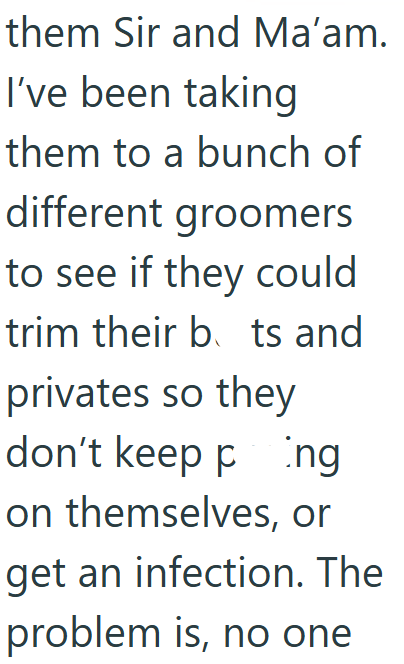 them Sir and Ma'am. I've been taking them to a bunch of different groomers to see if they could trim their b. ts and privates so they don't keep ping on themselves, or get an infection. The problem is, no one
