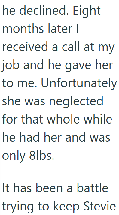 he declined. Eight months later I received a call at my job and he gave her to me. Unfortunately she was neglected for that whole while he had her and was only 8lbs. It has been a battle trying to keep Stevie