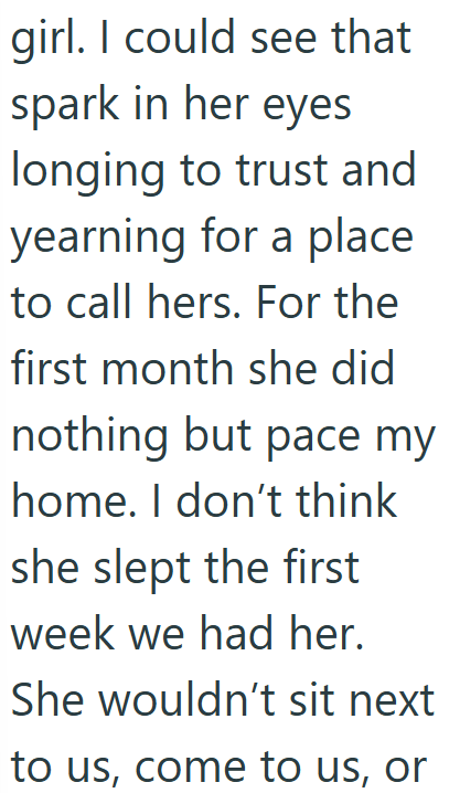 girl. I could see that spark in her eyes longing to trust and yearning for a place to call hers. For the first month she did nothing but pace my home. I don't think she slept the first week we had her. She wouldn't sit next to us, come to us, or