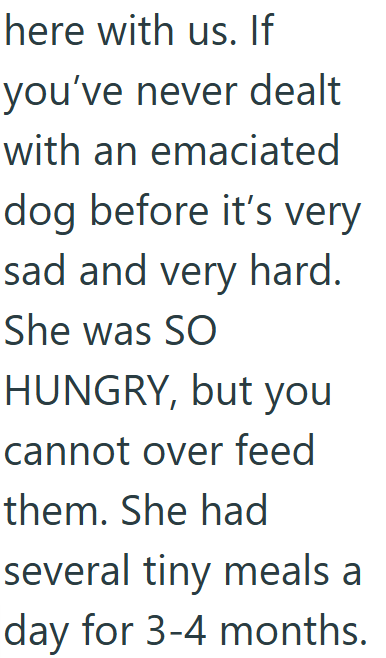 here with us. If you've never dealt with an emaciated dog before it's very sad and very hard. She was SO HUNGRY, but you cannot over feed them. She had several tiny meals a day for 3-4 months.