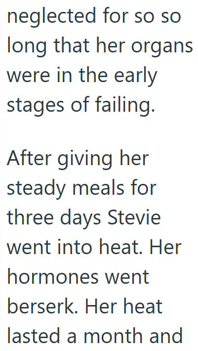 neglected for so so long that her organs were in the early stages of failing. After giving her steady meals for three days Stevie went into heat. Her hormones went berserk. Her heat lasted a month and