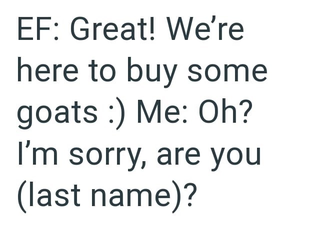EF: Great! We're here to buy some goats :) Me: Oh? I'm sorry, are you (last name)?