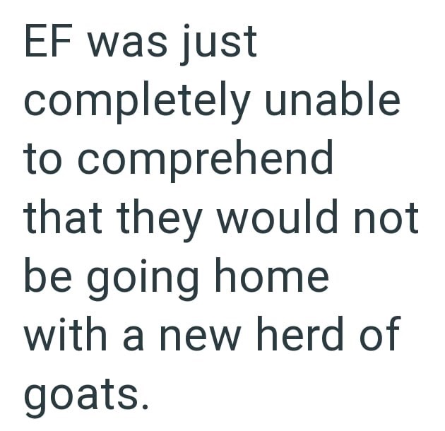 EF was just completely unable to comprehend that they would not be going home with a new herd of goats.