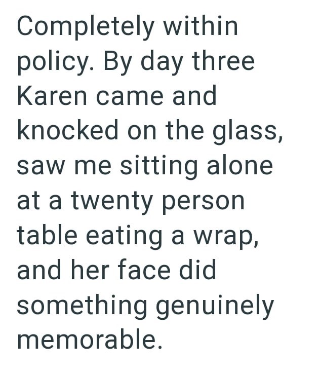 Completely within policy. By day three Karen came and knocked on the glass, saw me sitting alone at a twenty person table eating a wrap, and her face did something genuinely memorable.