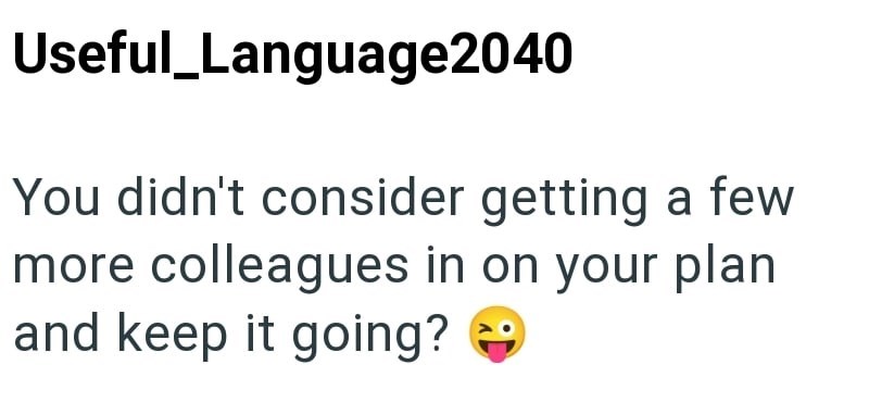 Useful_Language2040 You didn't consider getting a few more colleagues in on your plan and keep it going?