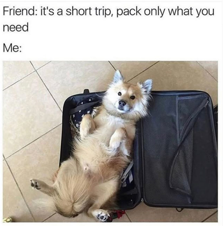 Friend: it's a short trip, pack only what you need Me: