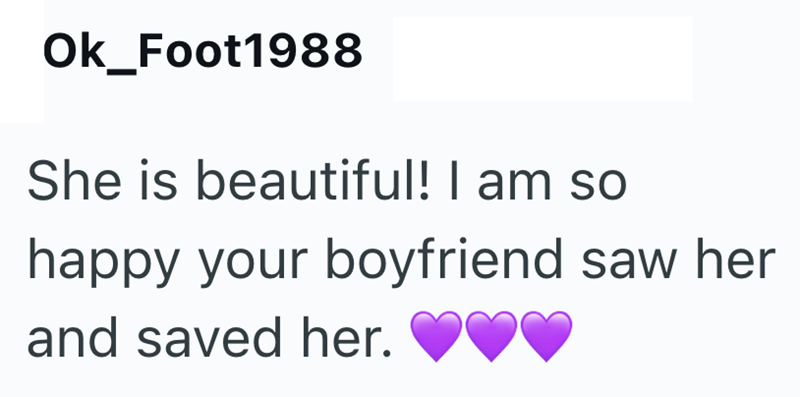 Ok_Foot1988 She is beautiful! I am so happy your boyfriend saw her and saved her.