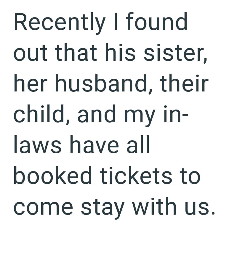 Recently I found out that his sister, her husband, their child, and my in- laws have all booked tickets to come stay with us.