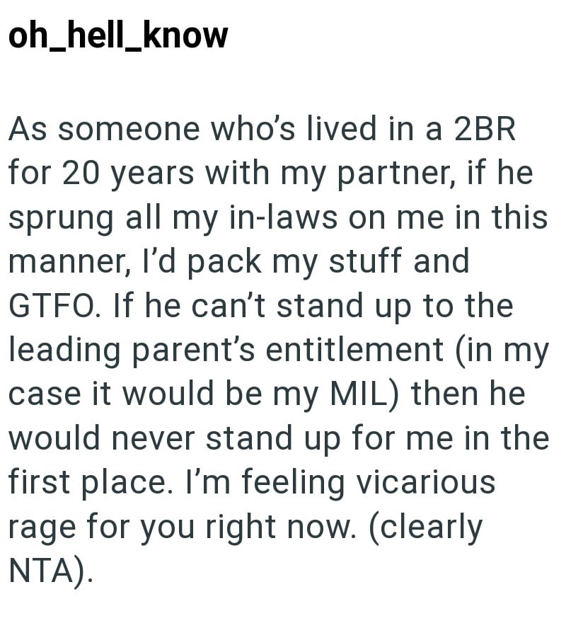oh_hell_know As someone who's lived in a 2BR for 20 years with my partner, if he sprung all my in-laws on me in this manner, I'd pack my stuff and GTFO. If he can't stand up to the leading parent's entitlement (in my case it would be my MIL) then he would never stand up for me in the first place. I'm feeling vicarious rage for you right now. (clearly NTA).