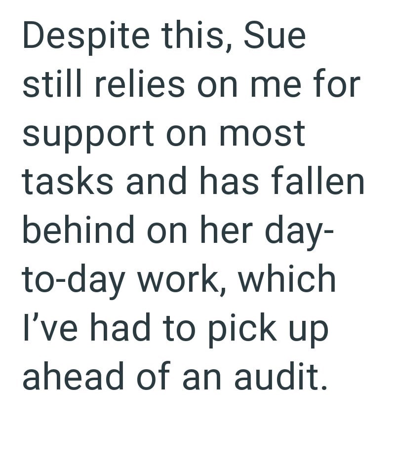 Despite this, Sue still relies on me for support on most tasks and has fallen behind on her day- to-day work, which I've had to pick up ahead of an audit.