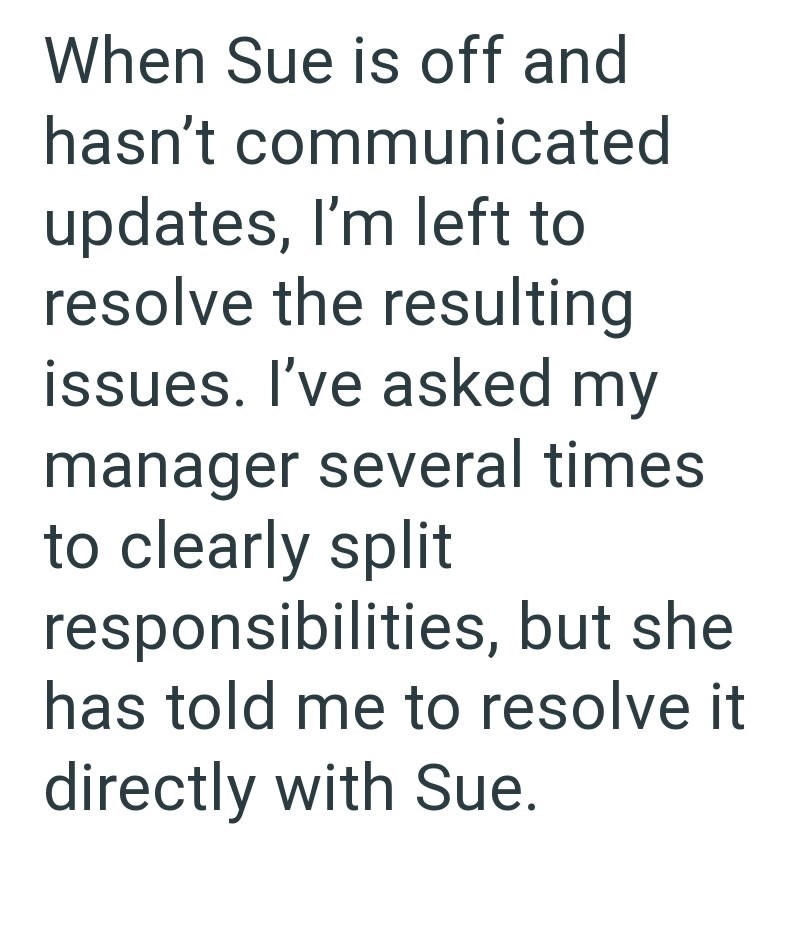 When Sue is off and hasn't communicated updates, I'm left to resolve the resulting issues. I've asked my manager several times to clearly split responsibilities, but she has told me to resolve it directly with Sue.