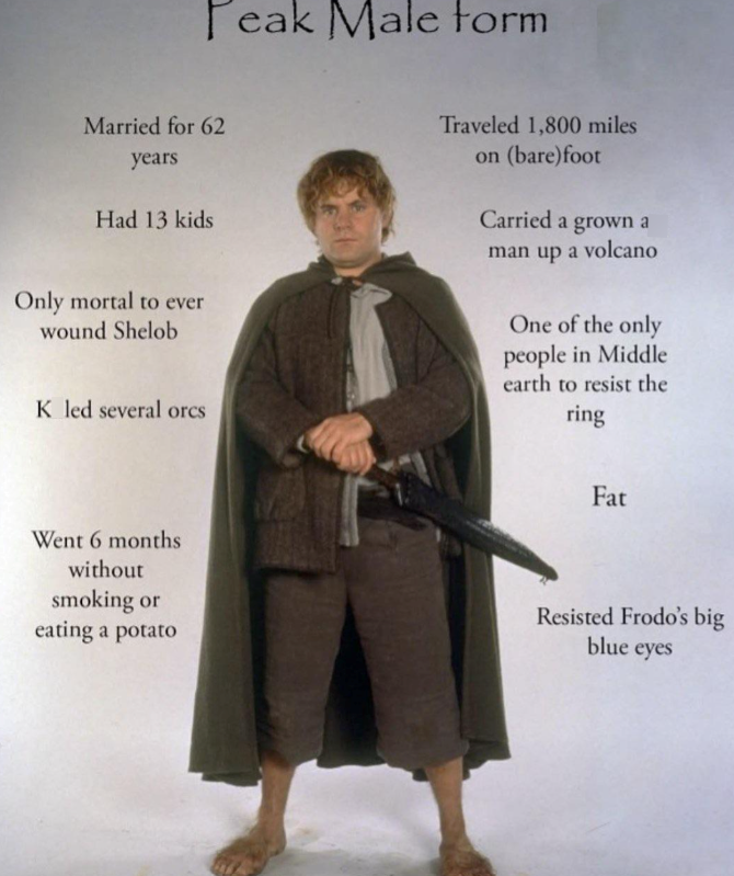 Peak Male form Married for 62 years Had 13 kids Only mortal to ever wound Shelob K led several orcs Traveled 1,800 miles on (bare) foot Carried a grown a man up a volcano One of the only people in Middle earth to resist the ring Fat Went 6 months without smoking or eating a potato Resisted Frodo's big blue eyes