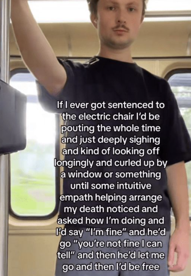 If I ever got sentenced to the electric chair I'd be pouting the whole time and just deeply sighing and kind of looking off longingly and curled up by a window or something until some intuitive empath helping arrange my death noticed and asked how I'm doing and I'd say "I'm fine" and he'd go "you're not fine I can tell" and then he'd let me go and then I'd be free