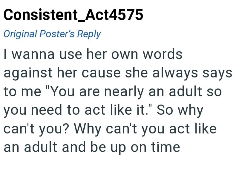 Consistent_Act4575 Original Poster's Reply I wanna use her own words against her cause she always says to me "You are nearly an adult so you need to act like it." So why can't you? Why can't you act like an adult and be up on time