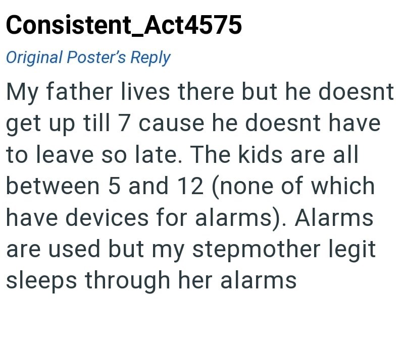 Consistent_Act4575 Original Poster's Reply My father lives there but he doesnt get up till 7 cause he doesnt have to leave so late. The kids are all between 5 and 12 (none of which have devices for alarms). Alarms are used but my stepmother legit sleeps through her alarms