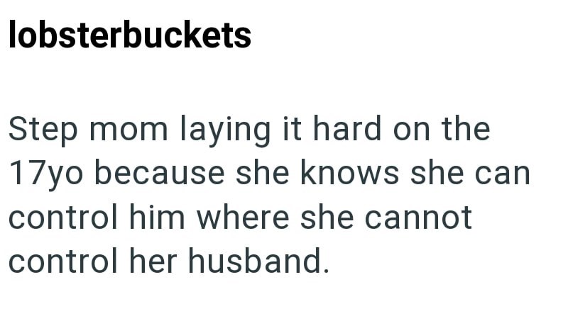 lobsterbuckets Step mom laying it hard on the 17yo because she knows she can control him where she cannot control her husband.