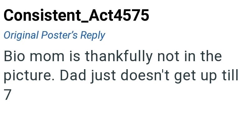 Consistent_Act4575 Original Poster's Reply Bio mom is thankfully not in the picture. Dad just doesn't get up till 7