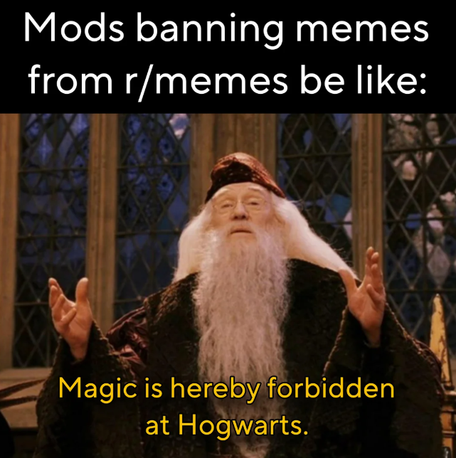 Mods banning memes from r/memes be like: Magic is hereby forbidden at Hogwarts.