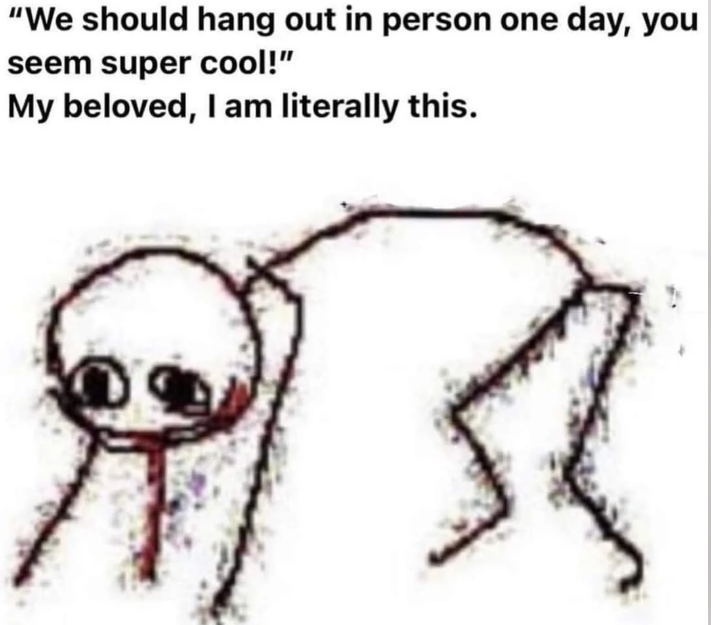 "We should hang out in person one day, you seem super cool!" My beloved, I am literally this.