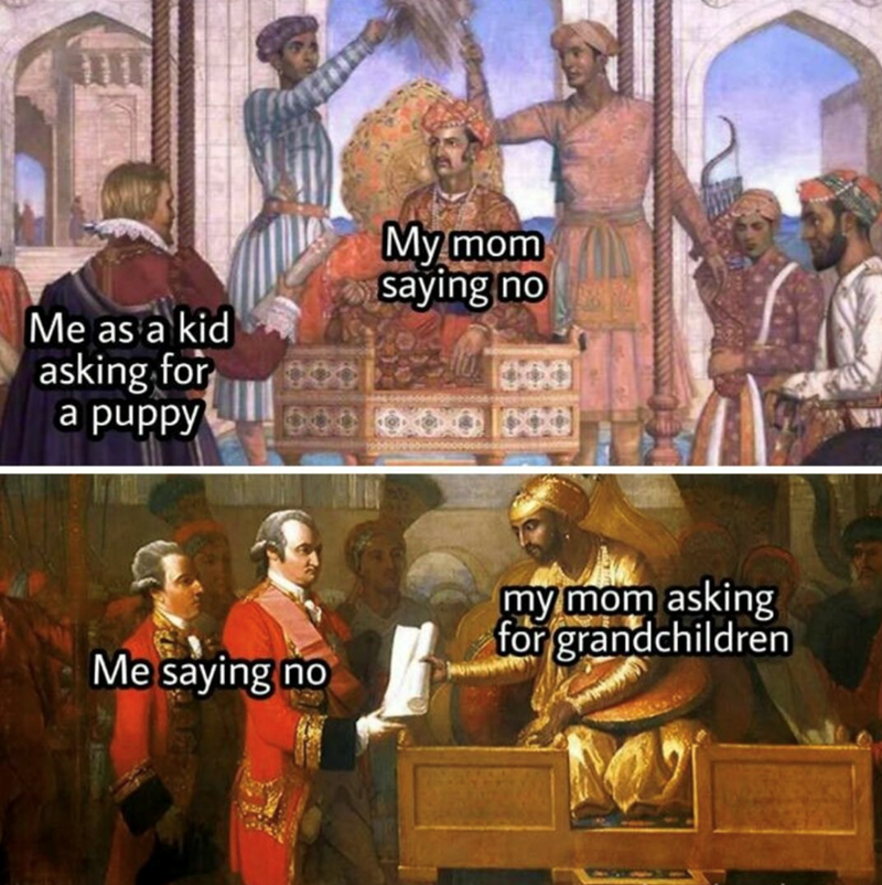 Me as a kid asking for a puppy My mom saying no 1001 000 OOO [000] my mom asking for grandchildren Me saying no