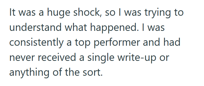 It was a huge shock, so I was trying to understand what happened. I was consistently a top performer and had never received a single write-up or anything of the sort.