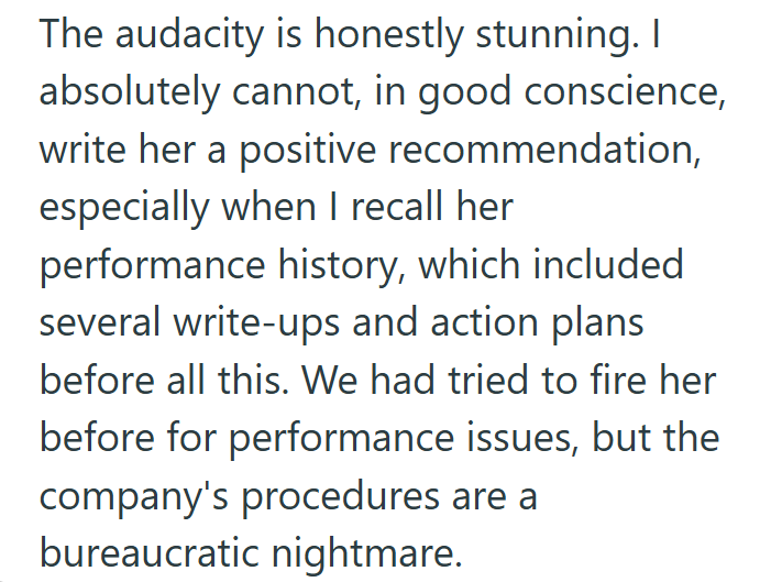 The audacity is honestly stunning. I absolutely cannot, in good conscience, write her a positive recommendation, especially when I recall her performance history, which included several write-ups and action plans before all this. We had tried to fire her before for performance issues, but the company's procedures are a bureaucratic nightmare.