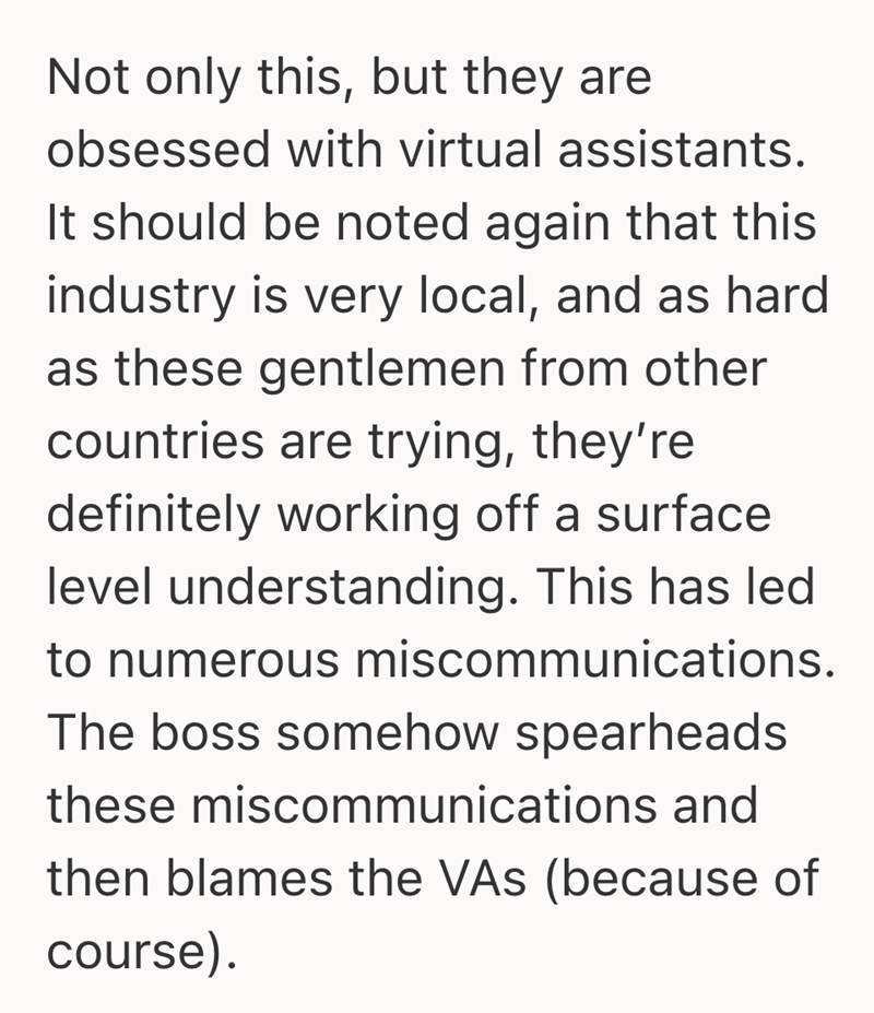 Not only this, but they are obsessed with virtual assistants. It should be noted again that this industry is very local, and as hard as these gentlemen from other countries are trying, they're definitely working off a surface level understanding. This has led to numerous miscommunications. The boss somehow spearheads these miscommunications and then blames the VAS (because of course).