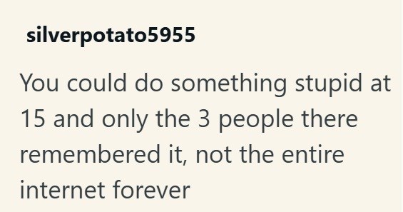 silverpotato5955 You could do something stupid at 15 and only the 3 people there remembered it, not the entire internet forever