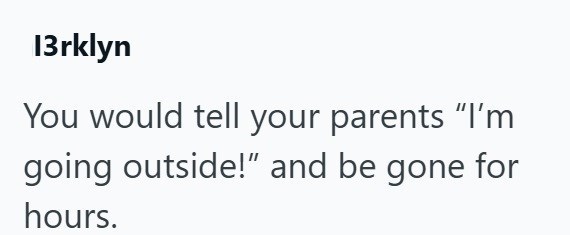 13rklyn You would tell your parents "I'm going outside!" and be gone for hours.