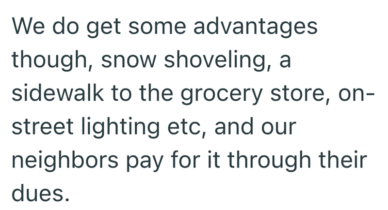We do get some advantages though, snow shoveling, a sidewalk to the grocery store, on- street lighting etc, and our neighbors pay for it through their dues.